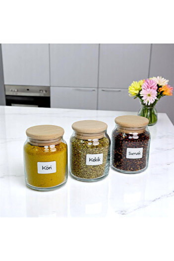mafa home 3-Piece Wooden Bamboo Vacuum Lid Glass Spice Set 300 ml with Label and Spoon Gift