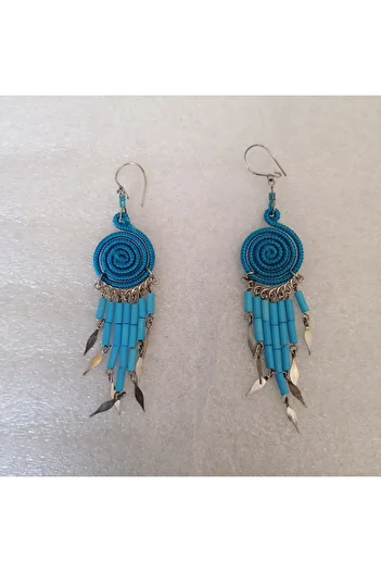 Butik Tülin Authentic Handmade Alpaca Wire Wrap Blue String Beaded Spiral Long Dangle Earrings 8.8X1.8 Made in Chile