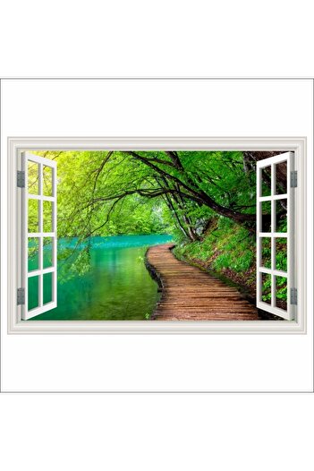 media Self-adhesive and washable wall mural Window Wooden bridge over the river in the forest, 180 x 120 cm