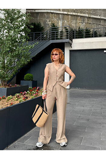 Bak'ap Premium Summer Modal Fabric Wide Leg Elastic Pants-Buttoned Vest Double Suit