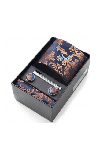 The Casius. Men's Set with Tie, Pocket Square, Cufflinks, and Tie Clip - Blue and Copper Shades