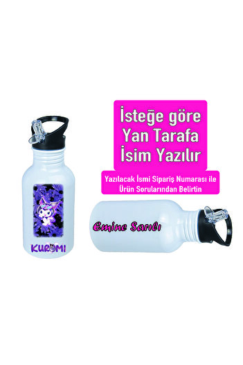 DKDZ SHOP Kuromiii Printed Metal Water Bottle with Straw and Hook 600ml. White