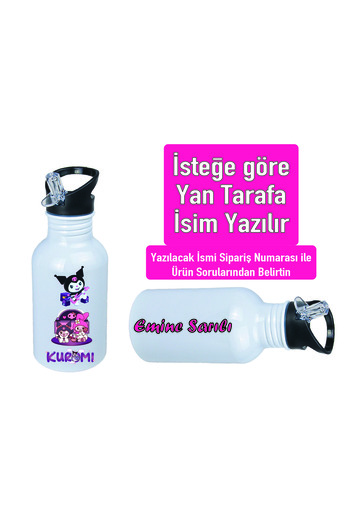 DKDZ SHOP Kuromiii Printed Metal Water Bottle with Straw and Hook 600ml. White