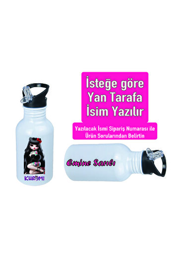 DKDZ SHOP Kuromiii Printed Metal Water Bottle with Straw and Hook 600ml. White