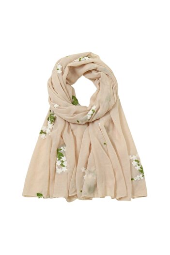 The Casius. Thin Scarf with Hand-Sewn Floral Pattern - Beige Color