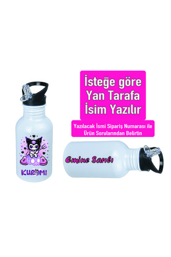 DKDZ SHOP Kuromiii Printed Metal Water Bottle with Straw and Hook 600ml. White