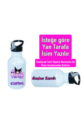 DKDZ SHOP Kuromiii Printed Metal Water Bottle with Straw and Hook 600ml. White