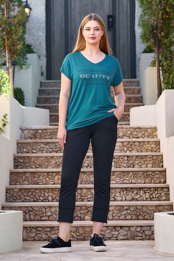 Cossy By Aqua 25822 Women's Turquoise-Navy Blue Short Sleeve Plus Size Cotton Sports 2-Piece Set