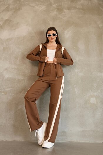 ESL ESLEM Women's Hooded Tracksuit Set Stripe Detailed Straight Leg Zippered Comfortable Fit