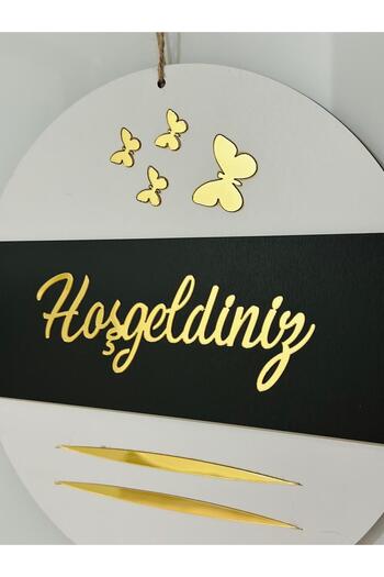 Pey Aksesuar Welcome Written Butterfly Detailed Mirrored Plexi Wooden Door Ornament Decorative