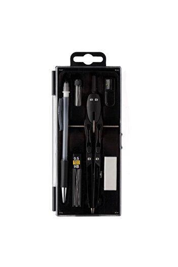 SyaMAG Geometry Tool Set, 6 Pieces, Metal Compass with Wheel, Mechanical Pencil, Black