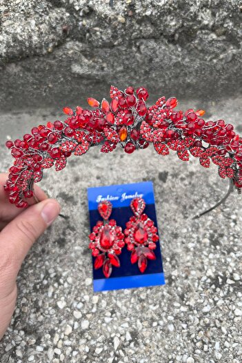 Hobigram Camilo Red Bridal Henna Crown Special Occasion Accessory Women's Crown and Three Shuttle Earrings Set