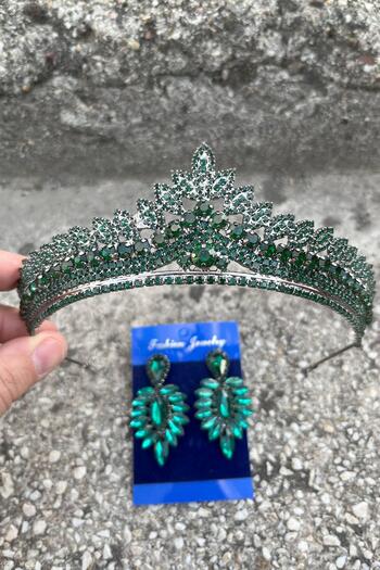 Hobigram Daniela Green Bridal Henna Crown Special Occasion Accessory Women's Crown and Thin Shuttle Earring Set