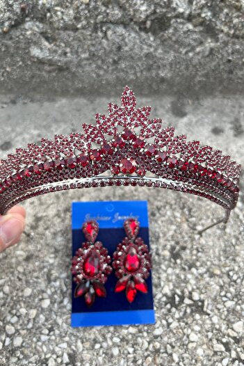 Hobigram Daniela Burgundy Bridal Henna Crown Special Occasion Accessory Women's Crown and Three Shuttle Earrings Set