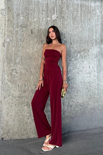FEWTİNT Suit-Asymmetric Cutout Slit Detail, Gathered, Strapless Neckline Ball. Elastic Waistband Trousers.