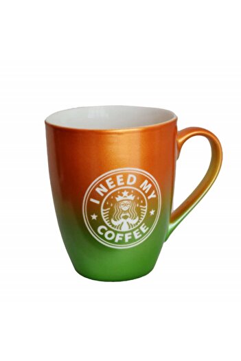 PUFO Need Coffee ceramic mug, for tea, coffee, juice, 360 ml, yellow/green