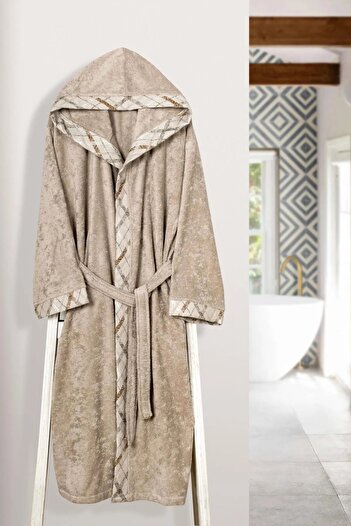 Pupilla Collection Ανδρικό μπουρνούζι 1 τεμαχίου από χτενισμένο βαμβάκι Jacquard με γιακά - Καφέ γαλακτώδες
