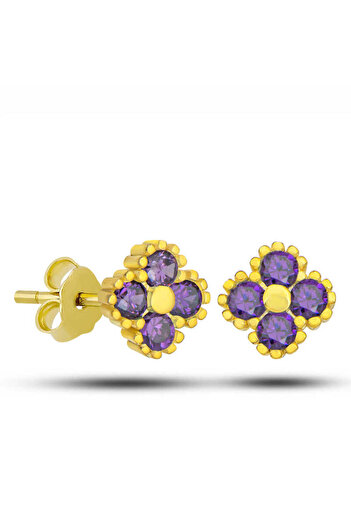 norsary Silver Gold Clover Studded Purple Stone Children's Earrings