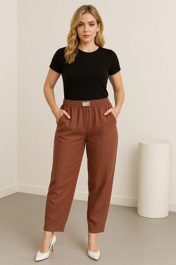 enmodaiçgiyim Dark Brown High Waist Shalwar Linen Women's Trousers