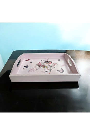 Atölye Kiraz Bird and Butterfly Patterned Hand Decorated Wooden Tray – 20X30 cm (Dkr86)