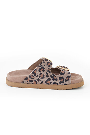 SOFT Women's Mink Suede Leopard Patterned Double Buckle Comfortable Daily Slippers – Stylish and Lightweight Summer Sandals