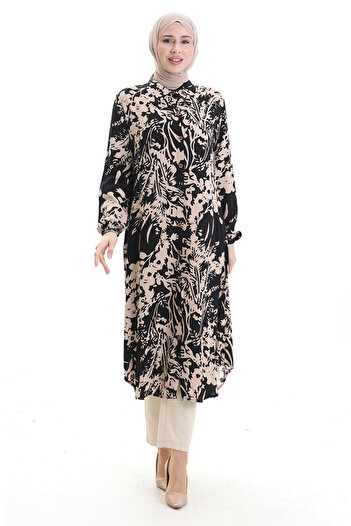 sefamerve Full Button Patterned Long Tunic 0094-04 Black Mink