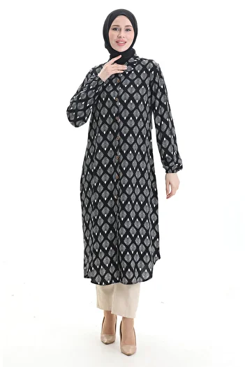 sefamerve Full Buttoned Long Tunic 0092-02 Black White