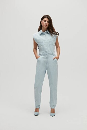 september island Ice Blue Sleeveless Denim Jumpsuit