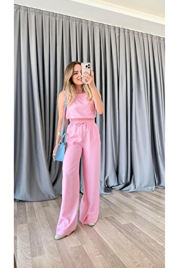 pelin yıldız butik Sofya Keten Crop Beli Lastikli Pantolon Takım
