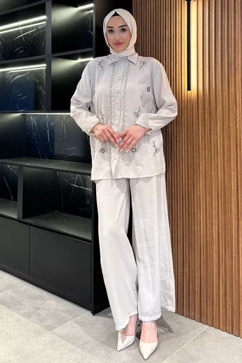 julude Stone Women's Bead Embroidered Hijab Shirt Pants Double Suit