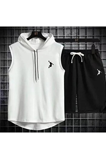 aynewmoda Simple Basketball Printed Hooded Jacket and Shorts Set