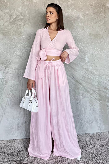 GÜLSELİ Pink Double Breasted Collar Waist Lace up Blouse Pants Double Suit