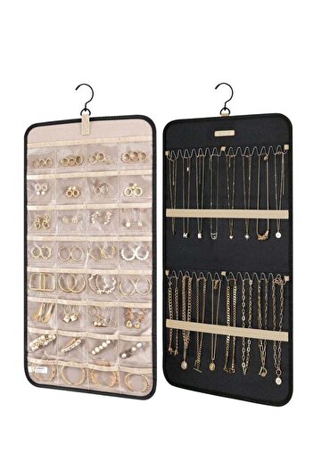 COOYA Hanging Jewelry Organizer Storage Roll with Metal Hooks Double-Sided Holder for Earrings (Black)
