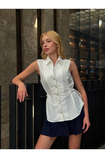 Zechka Buttoned Shirt Collar Crepe Vest White