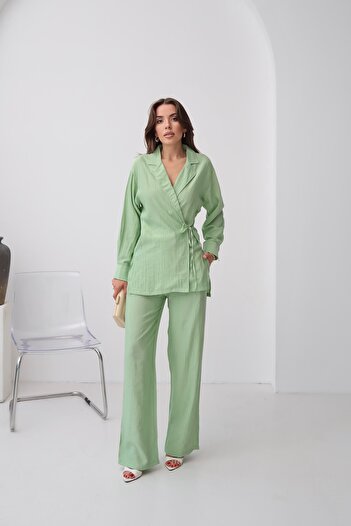 Paw Garage Women's Zarae Double Breasted Collar Side Tie Suit, Shirt-Pants Suit