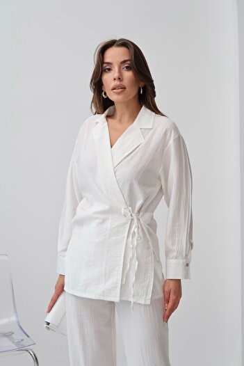 Paw Garage Women's Zarae Double Breasted Collar Side Tie Suit, Shirt-Pants Suit