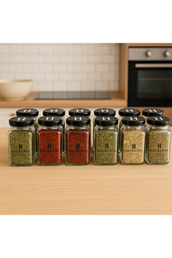 Blissra Set of 12 Glass Spice Jars - Black Lids |   Spoon Compatible 150 ml