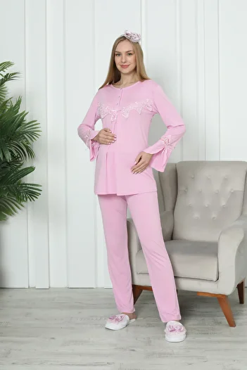 ERDENİZ TEKSTİL Maternity Pajama Suit Slit Sleeve Lace Detailed Buttoned Breastfeeding