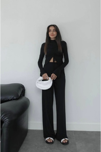 Ecenin Favorileri Black Asymmetrical Cut Women's Blouse Trousers Set
