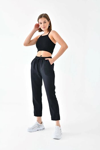 solena sln Women's New Season Linen Elastic Waist Tied Pocket Carrot Cut Trousers