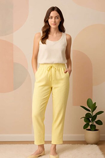 solena sln Women's New Season Linen Elastic Waist Tied Pocket Carrot Cut Trousers