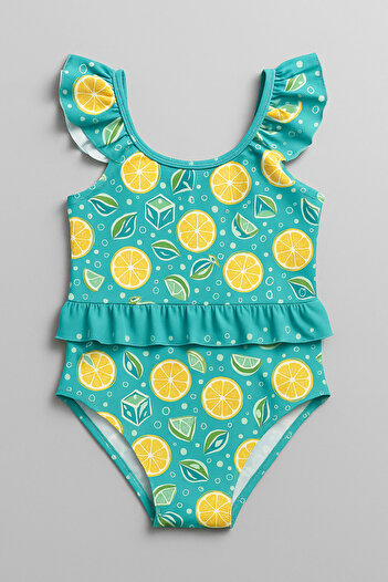 Magu Girl's Turquoise Lemon Patterned Ruffle One Piece Swimsuit