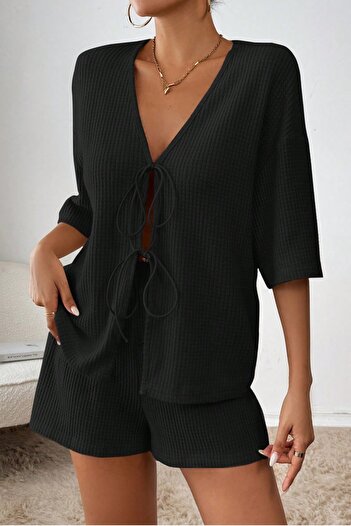 MODAGEN Women's Black Short Sleeve Tie-Up Waffle Bottom-Top Shorts Set