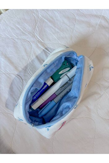 girlsybags White Blue Floral Single Eyed Pen Holder Washable Ribbon Lace Zippered School Pencil Case