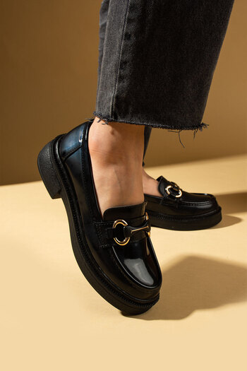 Pembe Potin Women's Black Patent Leather Loafer Moccasin Casual Buckle Daily Comfortable Sole Shoes