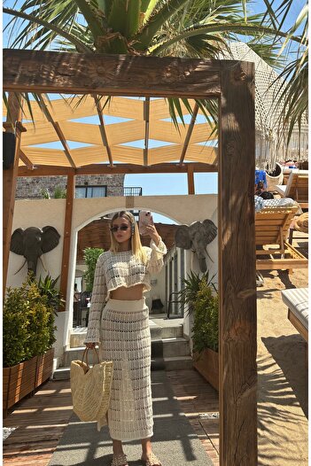 B2K FASHION Openwork Summer Beach Knitwear Bottom Top Set