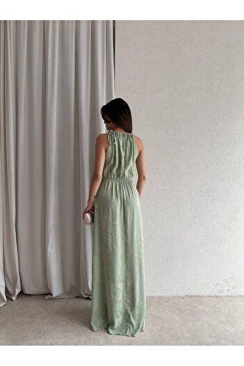 KOSHKA MODA Mint Belden Bağlama Yırtmaçlı Saten Elbise
