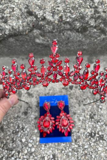 Hobigram Elvira Red Bridal Henna Crown Special Occasion Accessory Women's Crown and Wide Shuttle Earring Set