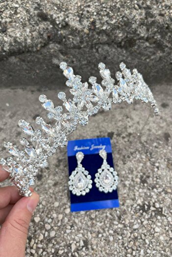 Hobigram Elvira Silver Bridal Henna Crown Special Day Accessory Women's Crown and Drop Shuttle Earring Set