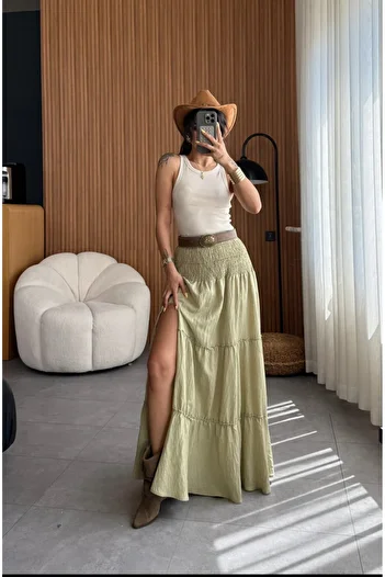 Bak'ap Premium Elastic Waist Slit Detailed Long Bohemian Pinterest Skirt
